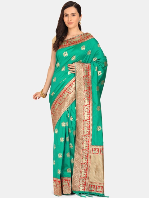 

BOMBAY SELECTIONS Green & Red Ethnic Motifs Zari Art Silk Gadwal Saree