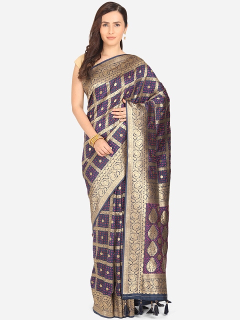 

BOMBAY SELECTIONS Navy Blue & Silver Ethnic Motifs Zari Art Silk Banarasi Saree