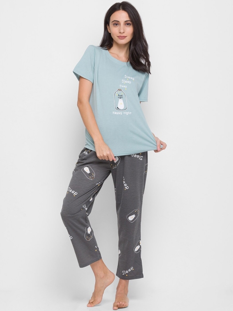 

LYKKEIN Women Teal & White Printed Nightdress