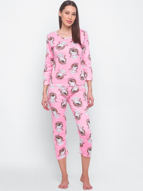 

LYKKEIN Women Pink & White Printed Night suit
