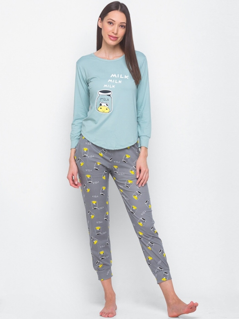 

LYKKEIN Women Blue & Grey Printed Night suit with Eye Mask
