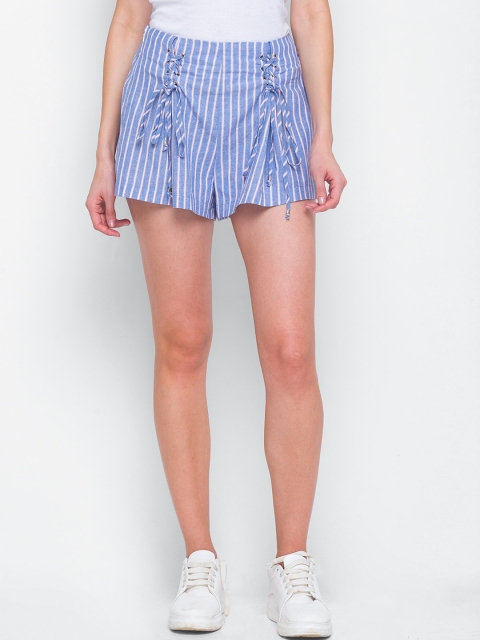 

LYKKEIN Women Blue Striped High-Rise Hot Pants Shorts