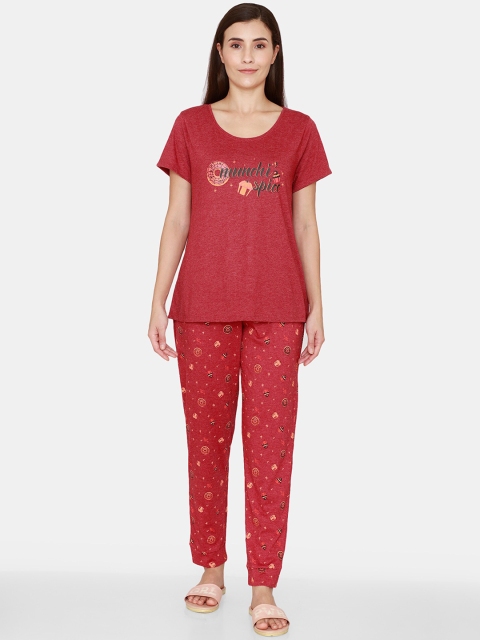 

Rosaline by Zivame Women Red & Grey Abstract Printed Night Suits