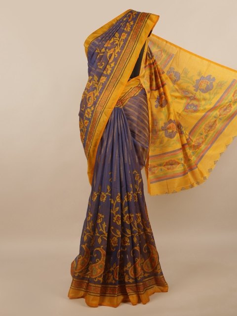 

Pothys Violet & Mustard Floral Cotton Blend Saree