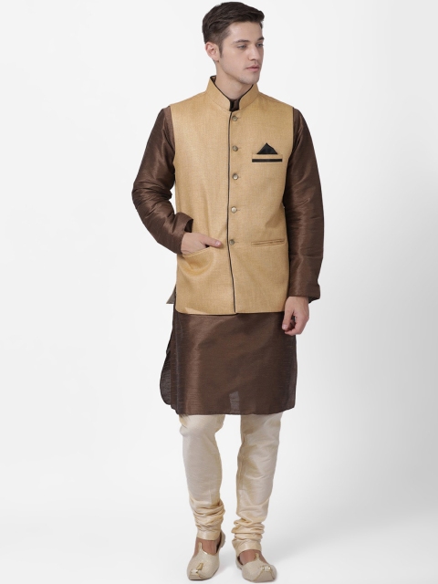 

TABARD Men Brown Regular Dupion Silk Kurta with Churidar and Nehru Jacket