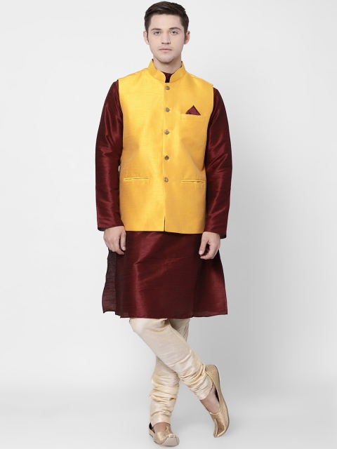 

TABARD Men Maroon Regular Dupion Silk Kurta with Churidar and Nehru Jacket