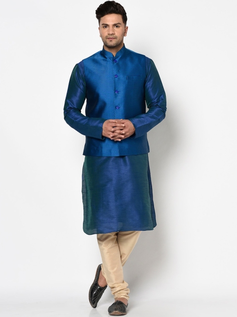 

TABARD Men Blue Regular Dupion Silk Kurta with Churidar and Nehru Jacket