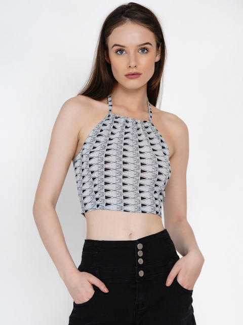 

Texco Black & White Printed Halter Neck Fitted Crop Top