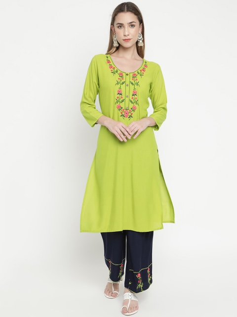 

V2 Value & Variety Women Green Embroidered Kurti with Palazzos