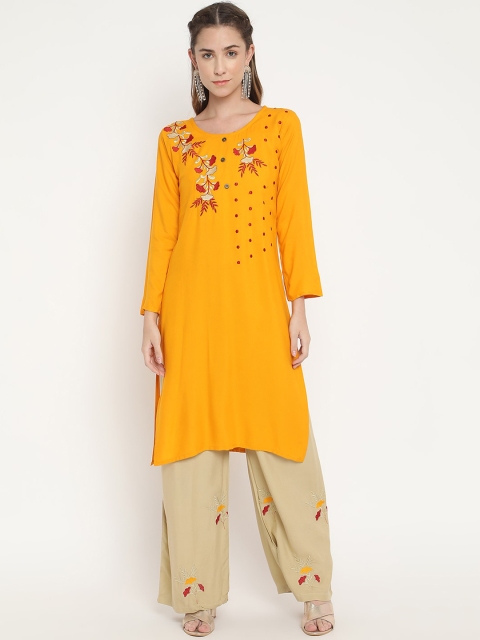 

V2 Value & Variety Women Mustard Yellow Floral Embroidered Regular Kurta with Trousers