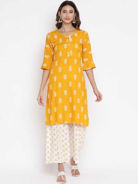 

V2 Value & Variety Women Mustard Yellow & White Ethnic Motifs Printed Kurta with Palazzos