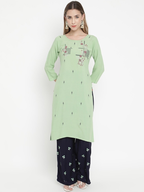 

V2 Value & Variety Women Green Embroidered Panelled Kurta with Palazzo