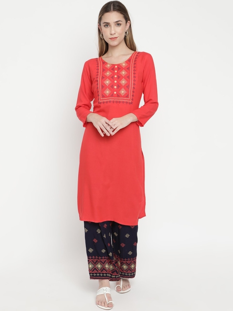 

V2 Value & Variety Women Red Floral Yoke Design Regular Kurta with Salwar