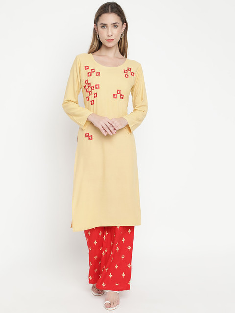 

V2 Value & Variety Women Beige & Red Floral Embroidered Kurta with Palazzos
