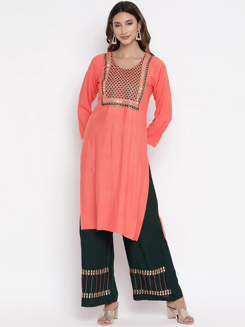

V2 Value & Variety Women Beige Embroidered Regular Kurti with Palazzos