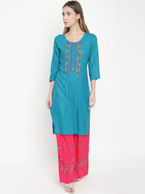 

V2 Value & Variety Women Blue Embroidered Kurti with Palazzos