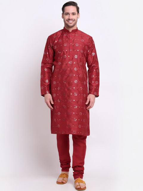 

KRAFT INDIA Men Maroon Geometric Thread Work Kurta