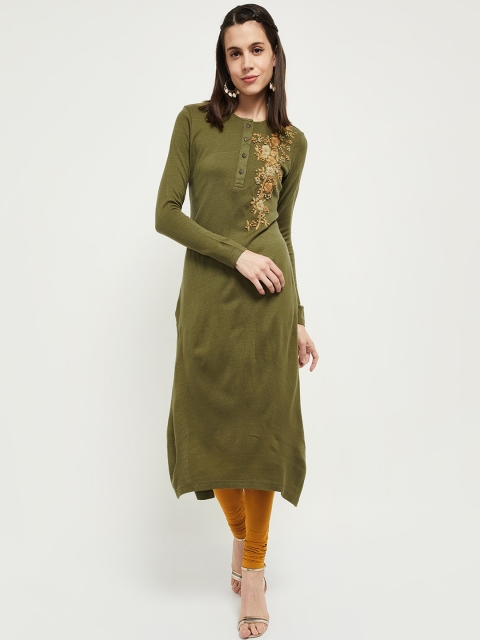 

max Women Olive Green Floral Embroidered Kurta