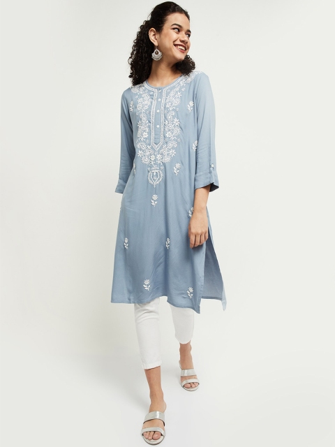 

max Women Blue & White Ethnic Motifs Embroidered Thread Work Kurta