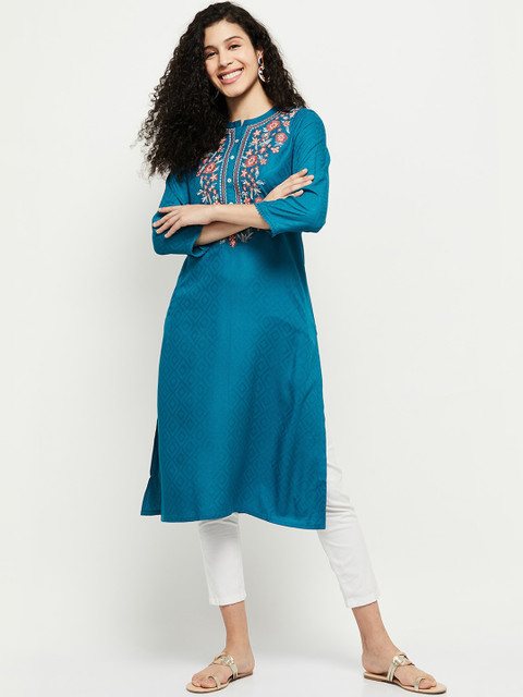 

max Women Blue Floral Yoke Design Thread Work Kurta