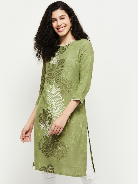 

max Women Green & White Floral Printed Kurta