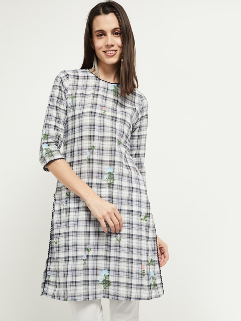 

max Women Blue & Off White Checked Thread Work Kurta