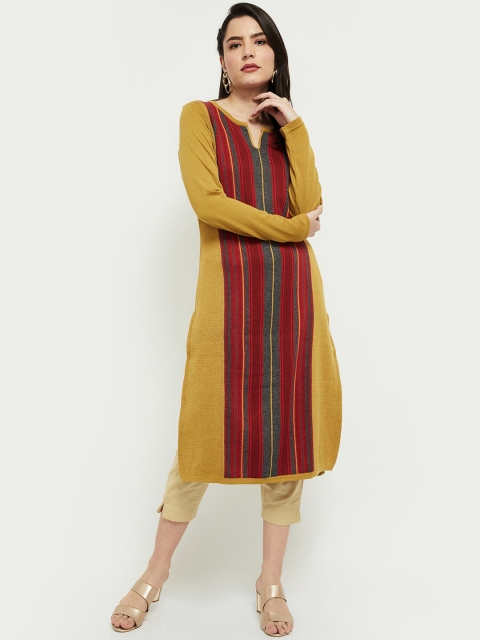 

max Women Mustard Yellow & Red Striped Kurta