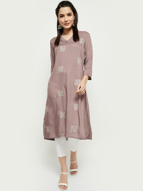 

max Women Purple Floral Embroidered Thread Work Kurta