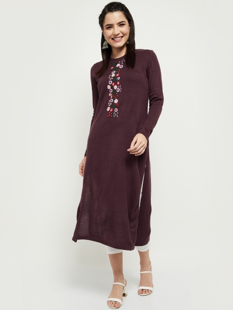 

max Women Burgundy Floral Embroidered Thread Work Kurta