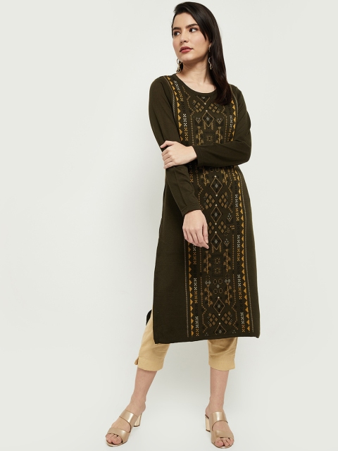 

max Women Olive Green & Yellow Geometric Printed Kurta