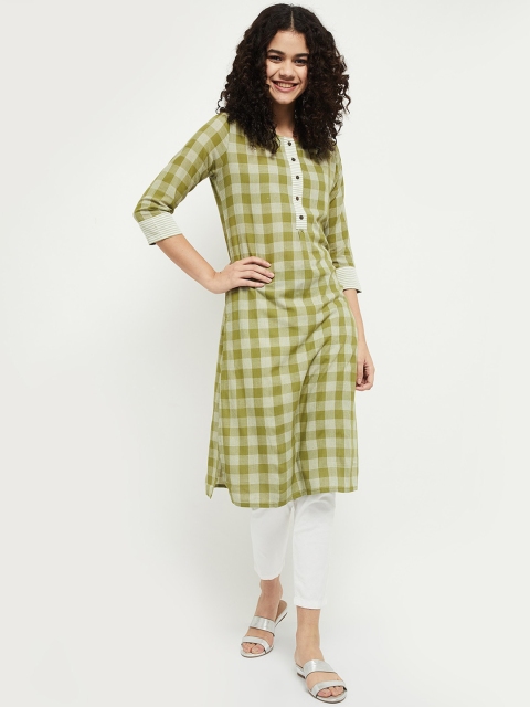 

max Women Green & White Checked Kurta