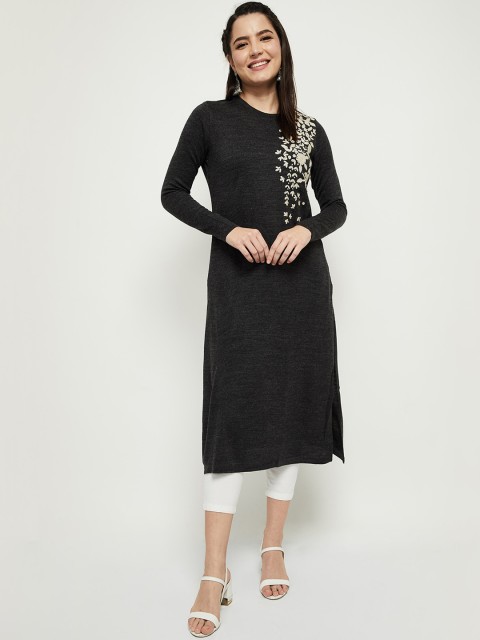 

max Women Grey Floral Embroidered Thread Work Kurta