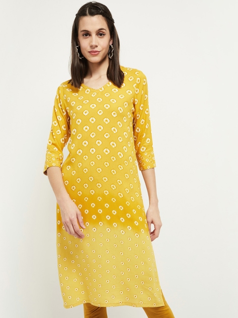 

max Women Mustard Yellow & White Geometric Printed Kurta
