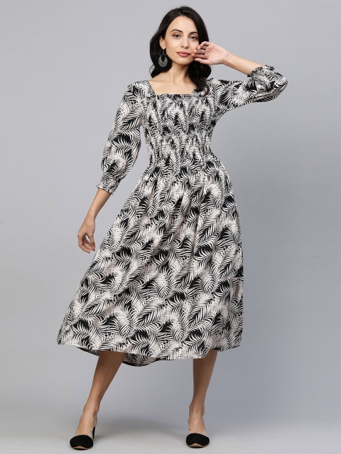 

FASHOR Black & White Floral A-Line Midi Dress