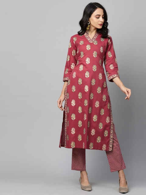 

FASHOR Women Red Ethnic Motifs Printed Pure Cotton Kurta with Trousers