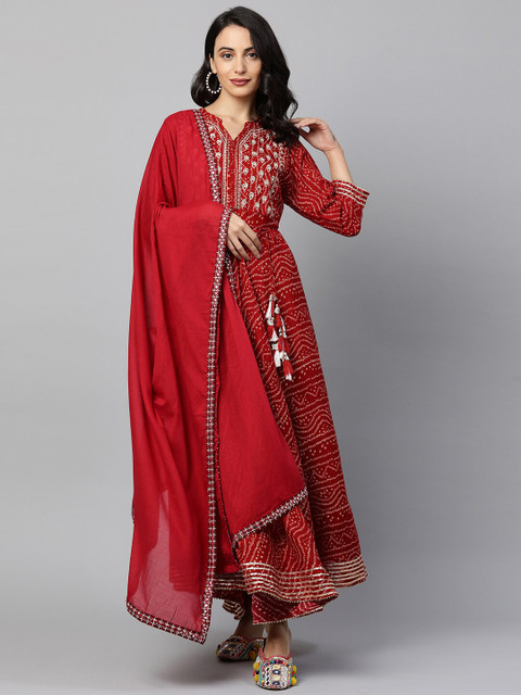 

FASHOR Red Ethnic Motifs Ethnic Maxi Dress with Dupatta