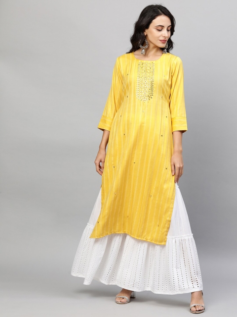 

FASHOR Women Yellow & White Striped Mirror Work Kurta
