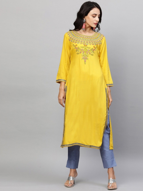 

FASHOR Women Yellow Ethnic Motifs Embroidered Kurta