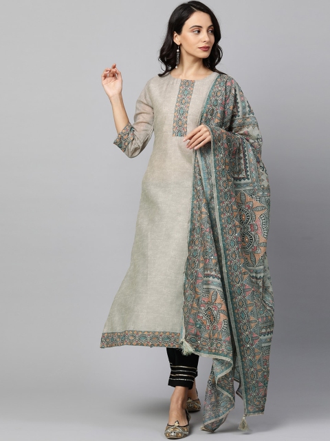 

FASHOR Women Grey Ethnic Motifs Printed Kantha Work Chanderi Silk Kurta With Dupatta