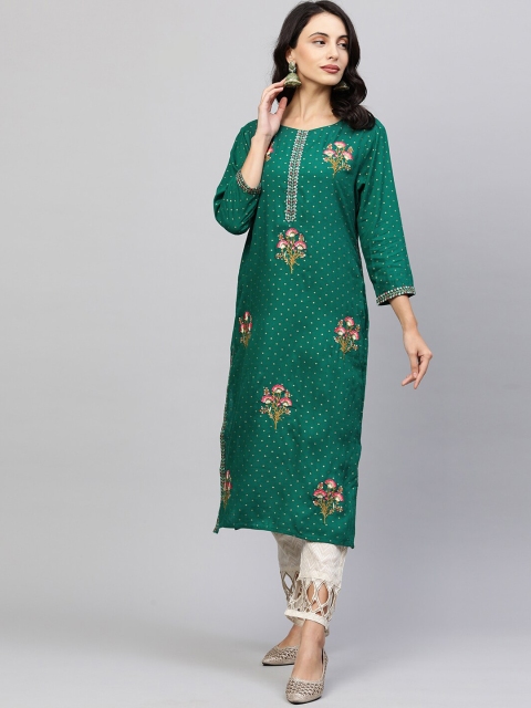 

FASHOR Women Green Floral Embroidered Thread Work Kurta