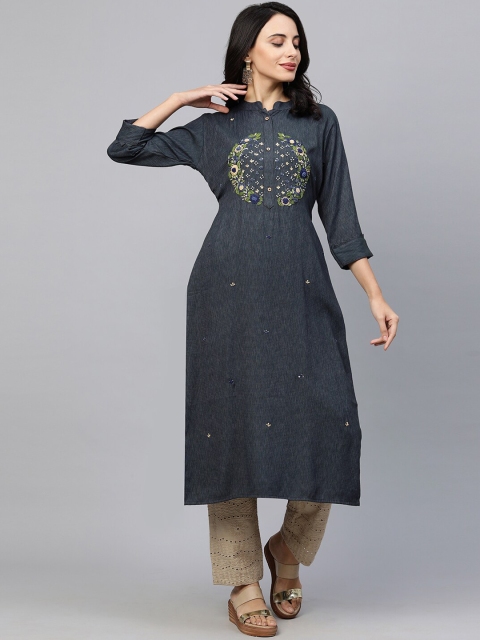 

FASHOR Women Grey Floral Embroidered Straight Kurta