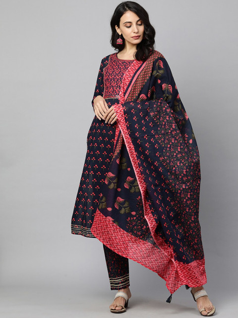 

FASHOR Women Navy Blue Printed Regular Thread Work Pure Cotton Kurti with Palazzos & With Dupatta