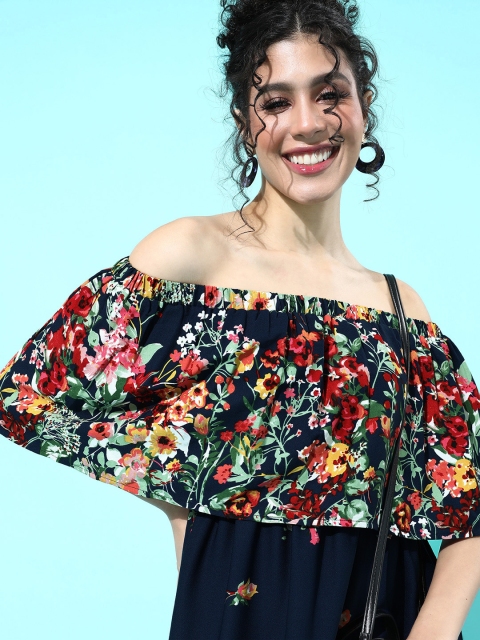 

Berrylush Women Navy Blue Floral Off-Shoulder Maxi Dress