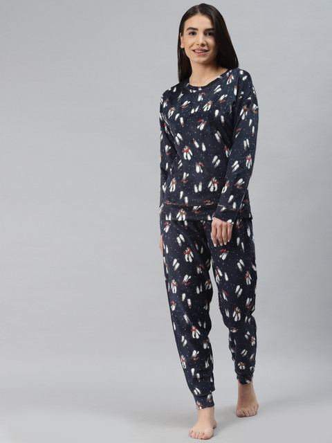 

Marks & Spencer Women Navy Blue & White Printed Pyjama Set