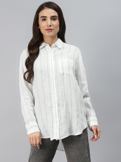 

Marks & Spencer Women White & Green Pure Linen Striped Casual Shirt