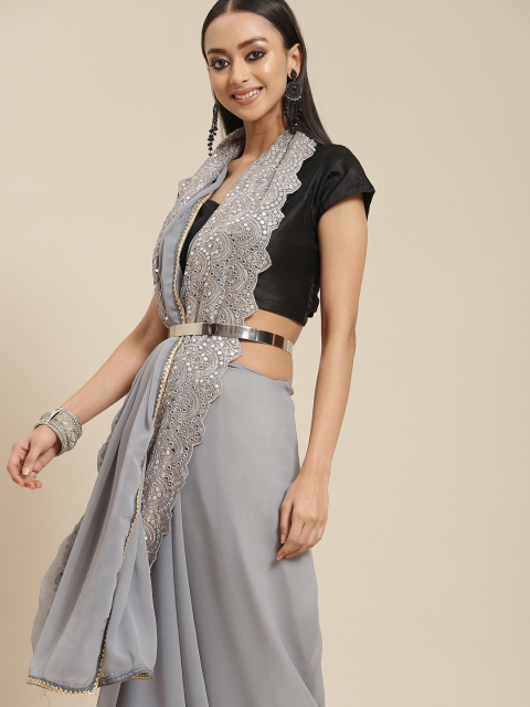 

Mitera Grey Solid Sequinned Saree