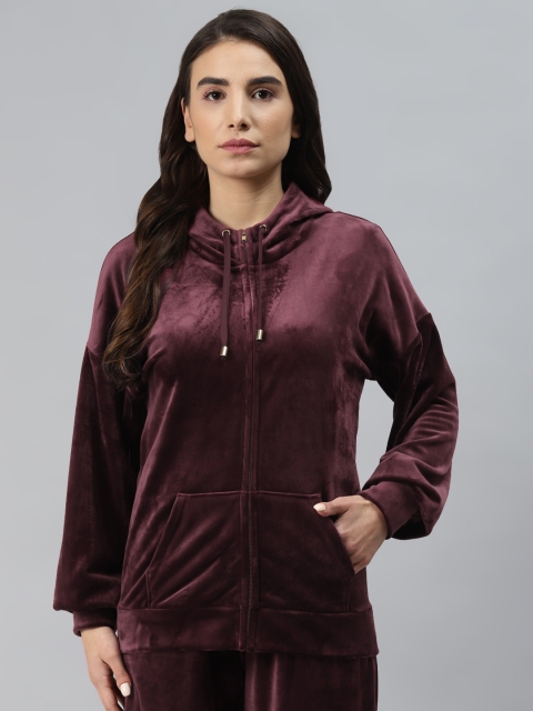 

Marks & Spencer Women Burgundy Solid Hooded Velvet Finish Sweatshirt