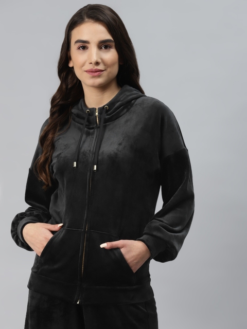 

Marks & Spencer Women Black Solid Velvet Finish Hooded Sweatshirt