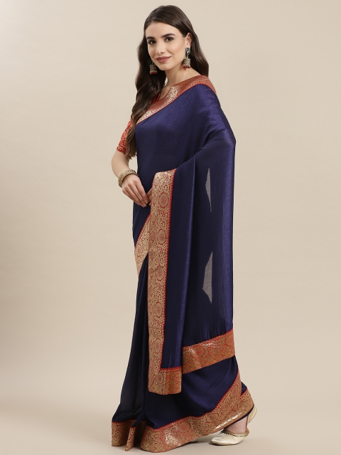 

SERONA FABRICS Navy Blue & Red Solid Zari Saree with Jacquard Blouse Piece