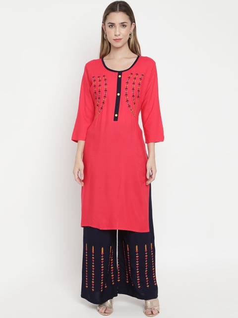 

V2 Value & Variety Women Red Floral Embroidered Regular Kurta with Palazzos